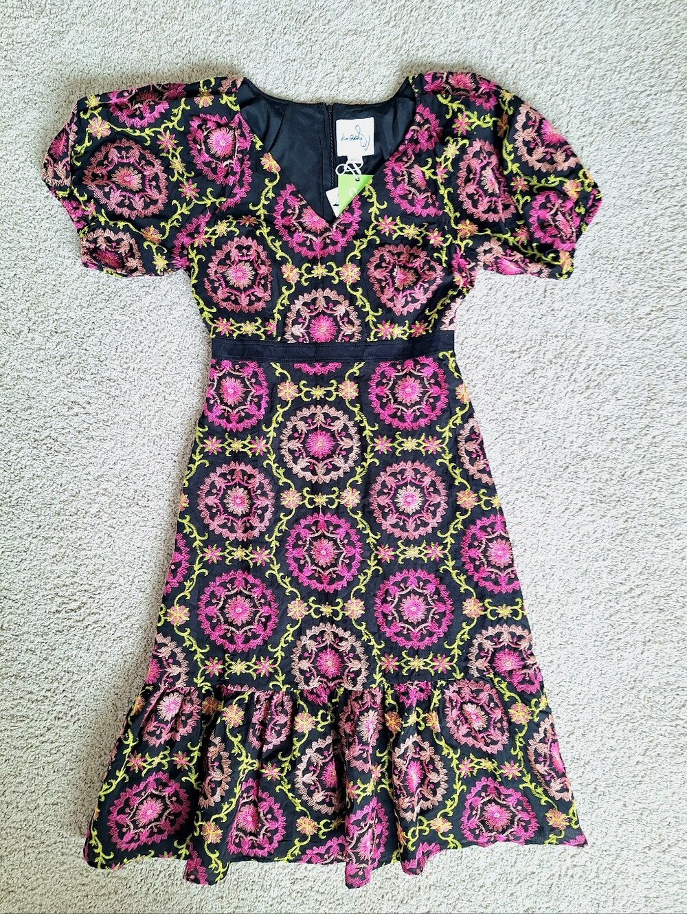 Sam Edelman Embroidered Pink Green Black Puff Sleeve V-neck Midi Dress Size 88 - Picture 5 of 12